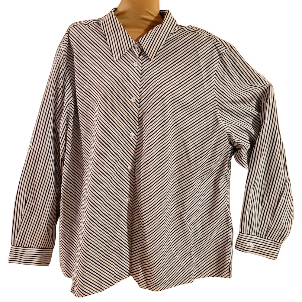 Foxcroft 20W Non-Iron Button Up Shirt Black White Gray Chevron Long Sleeve